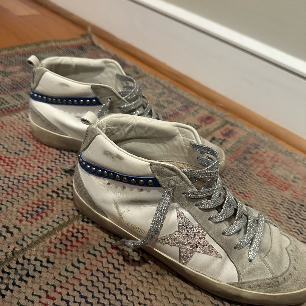 Silver and White High-Top Sneakers with Star Detail